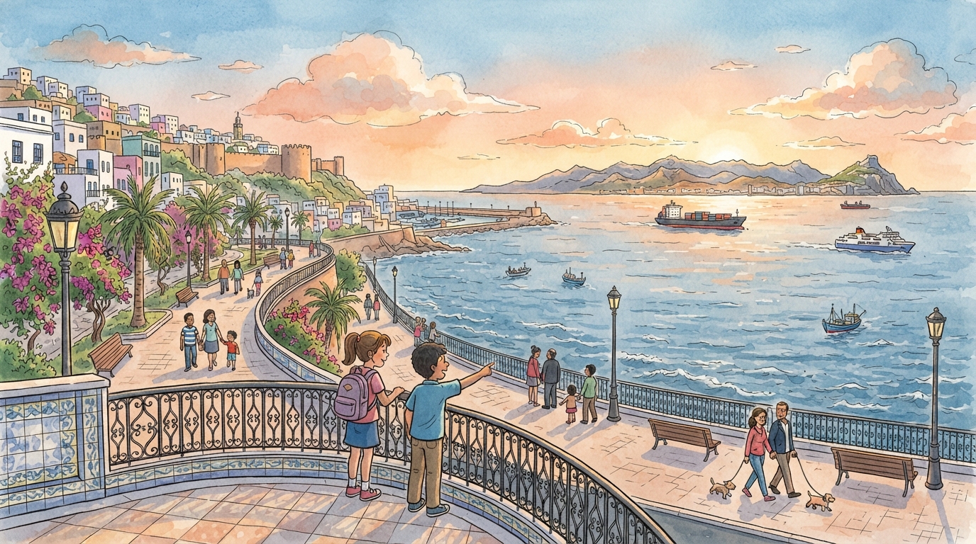 Deux enfants regardent la mer depuis une promenade en bord de côte à Tanger, avec la ville et le détroit de Gibraltar en arrière-plan au coucher du soleil
